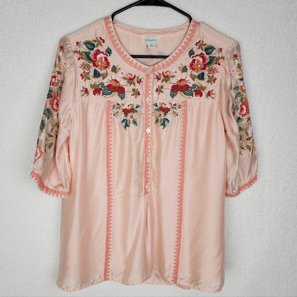 SUNDANCE Isla Rose Cross Stitch Embroidered Blouse Modal & Silk Blend M